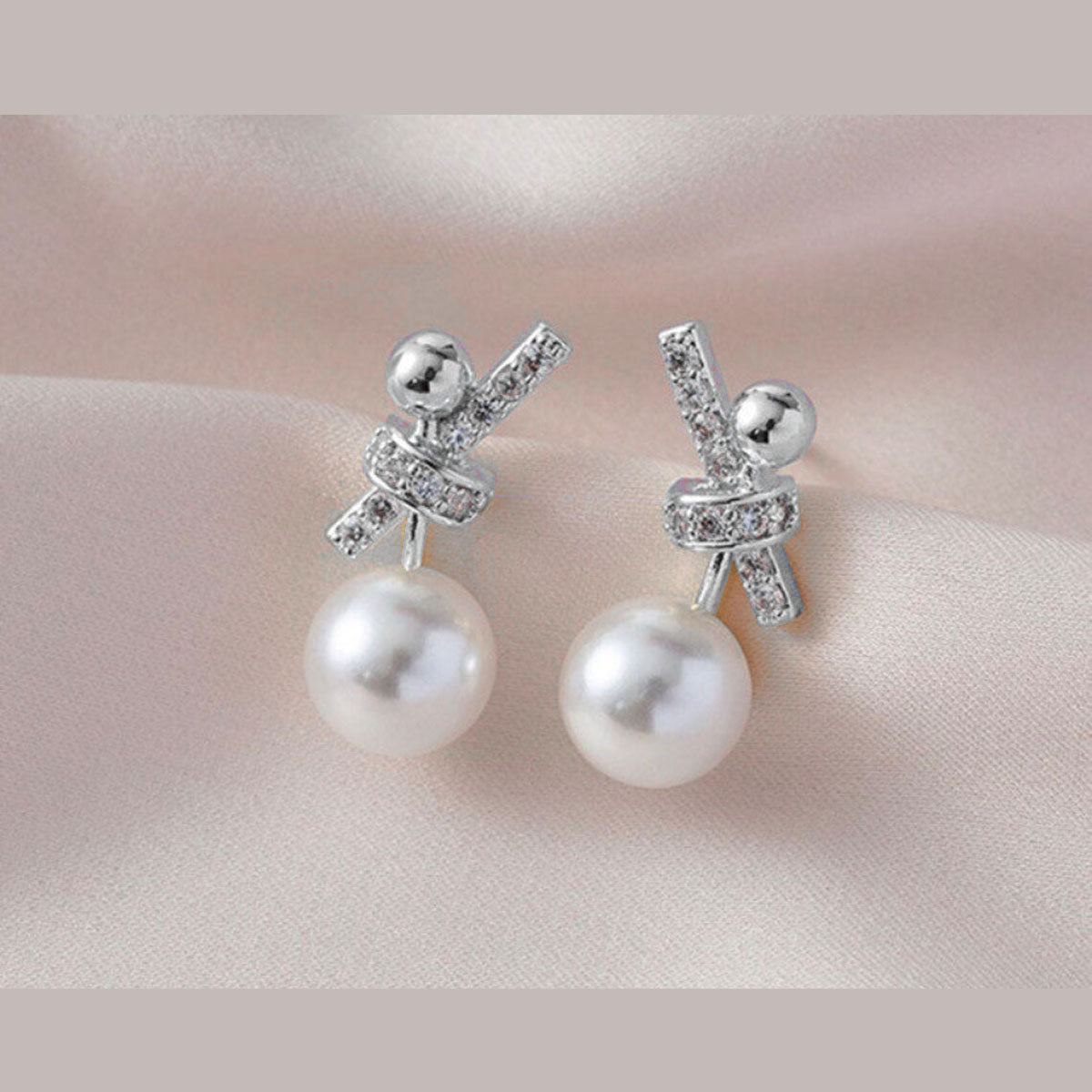 Ribbon Silver Pearl Cubic Zirconia Stud Earring For Women Bulk Secondary image
