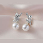 Ribbon Silver Pearl Cubic Zirconia Stud Earring For Women Bulk