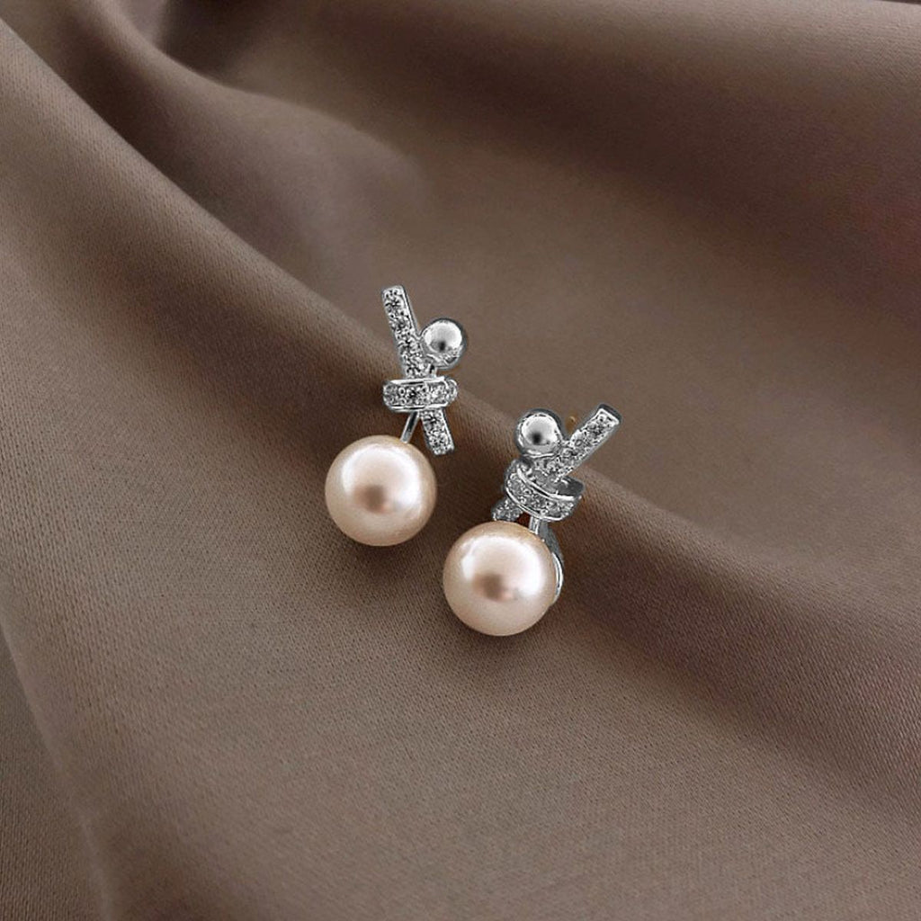 Ribbon Silver Pearl Cubic Zirconia Stud Earring For Women Bulk