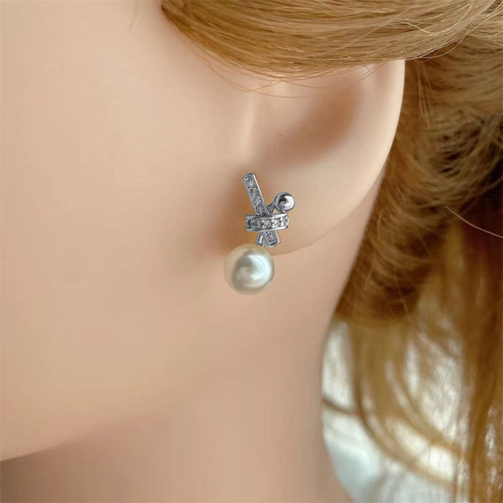 Ribbon Silver Pearl Cubic Zirconia Stud Earring For Women Bulk