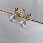 Ribbon Silver Pearl Cubic Zirconia Stud Earring For Women Bulk