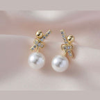 Ribbon Silver Pearl Cubic Zirconia Stud Earring For Women Bulk