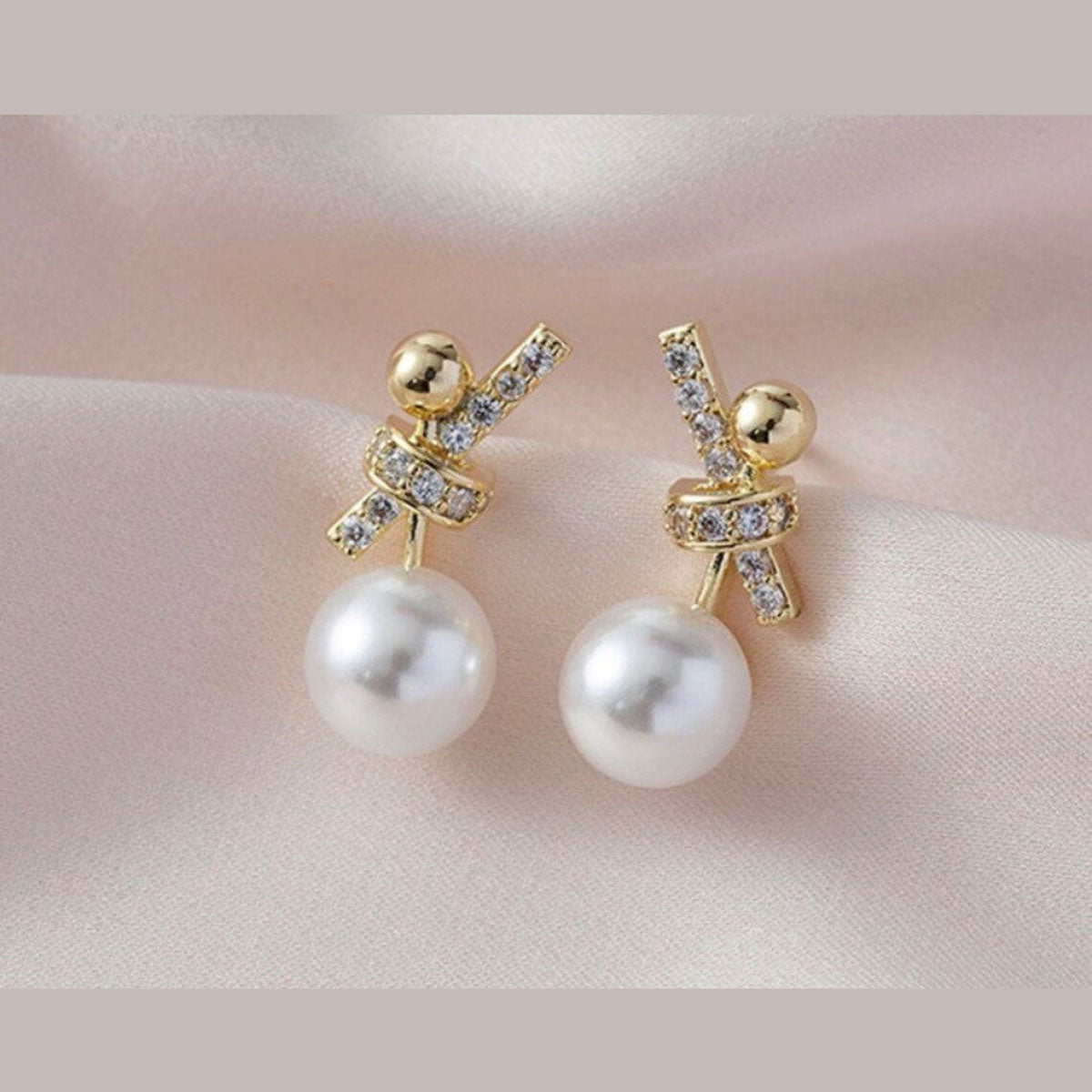 Ribbon Silver Pearl Cubic Zirconia Stud Earring For Women Bulk