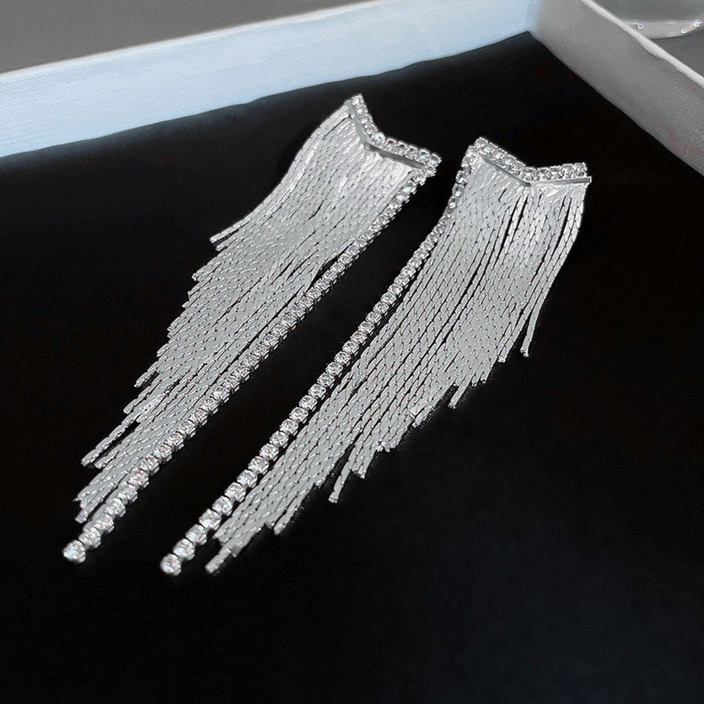 Glossy Silver Cubic Zirconia Long Dangling Chain Earring Women Bulk