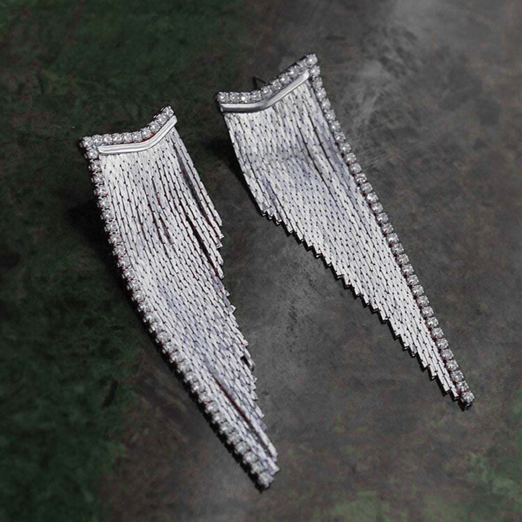Glossy Silver Cubic Zirconia Long Dangling Chain Earring Women Bulk
