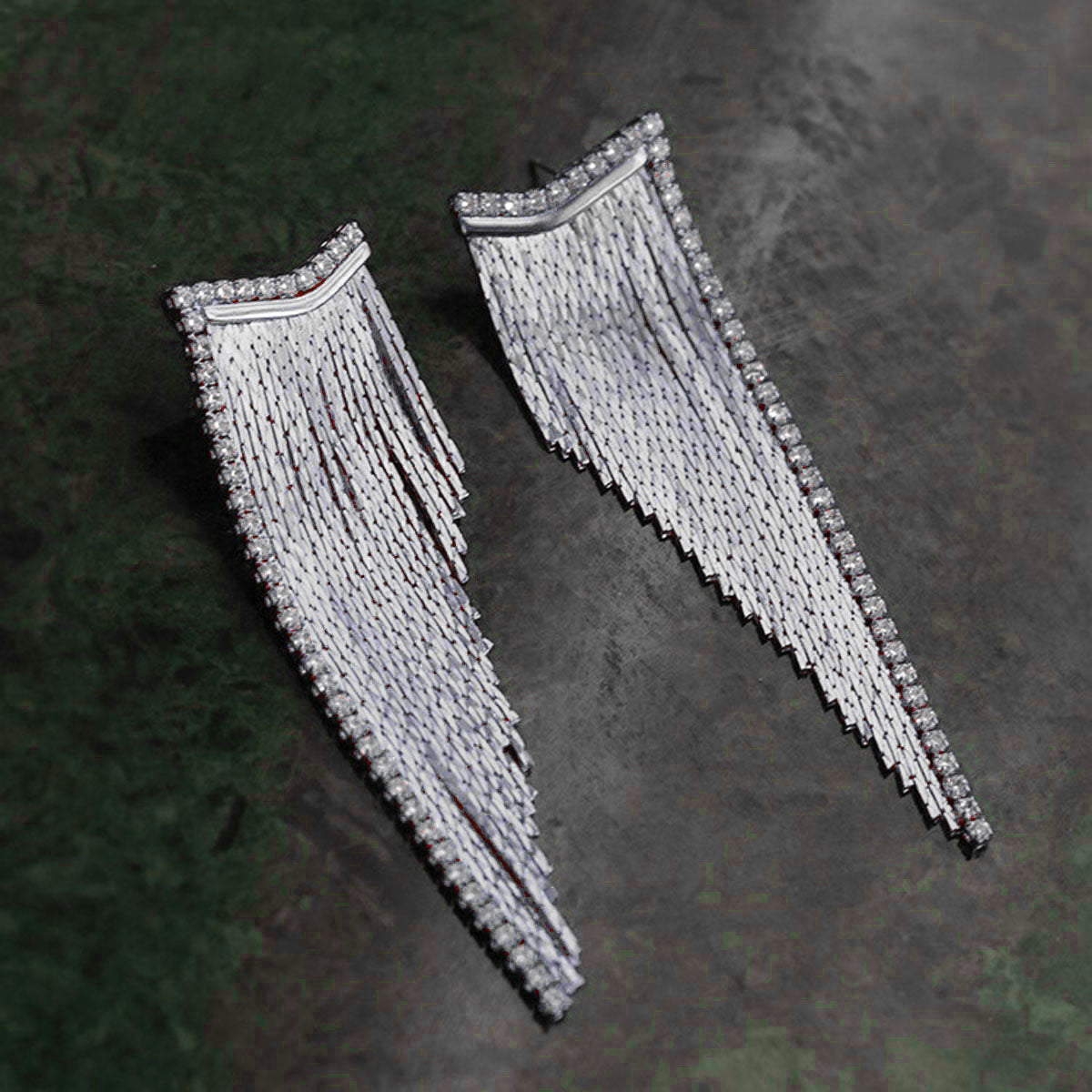 Glossy Silver Cubic Zirconia Long Dangling Chain Earring Women Bulk