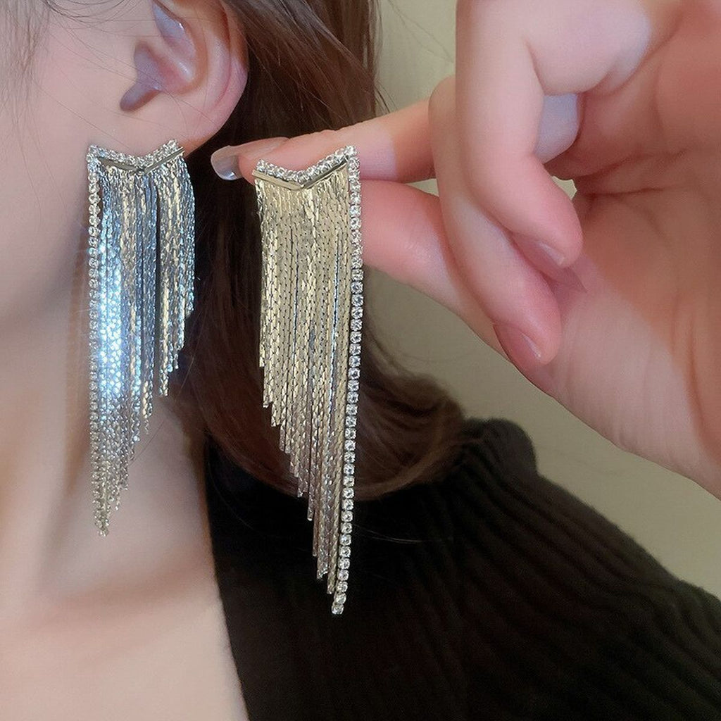 Glossy Silver Cubic Zirconia Long Dangling Chain Earring Women Bulk