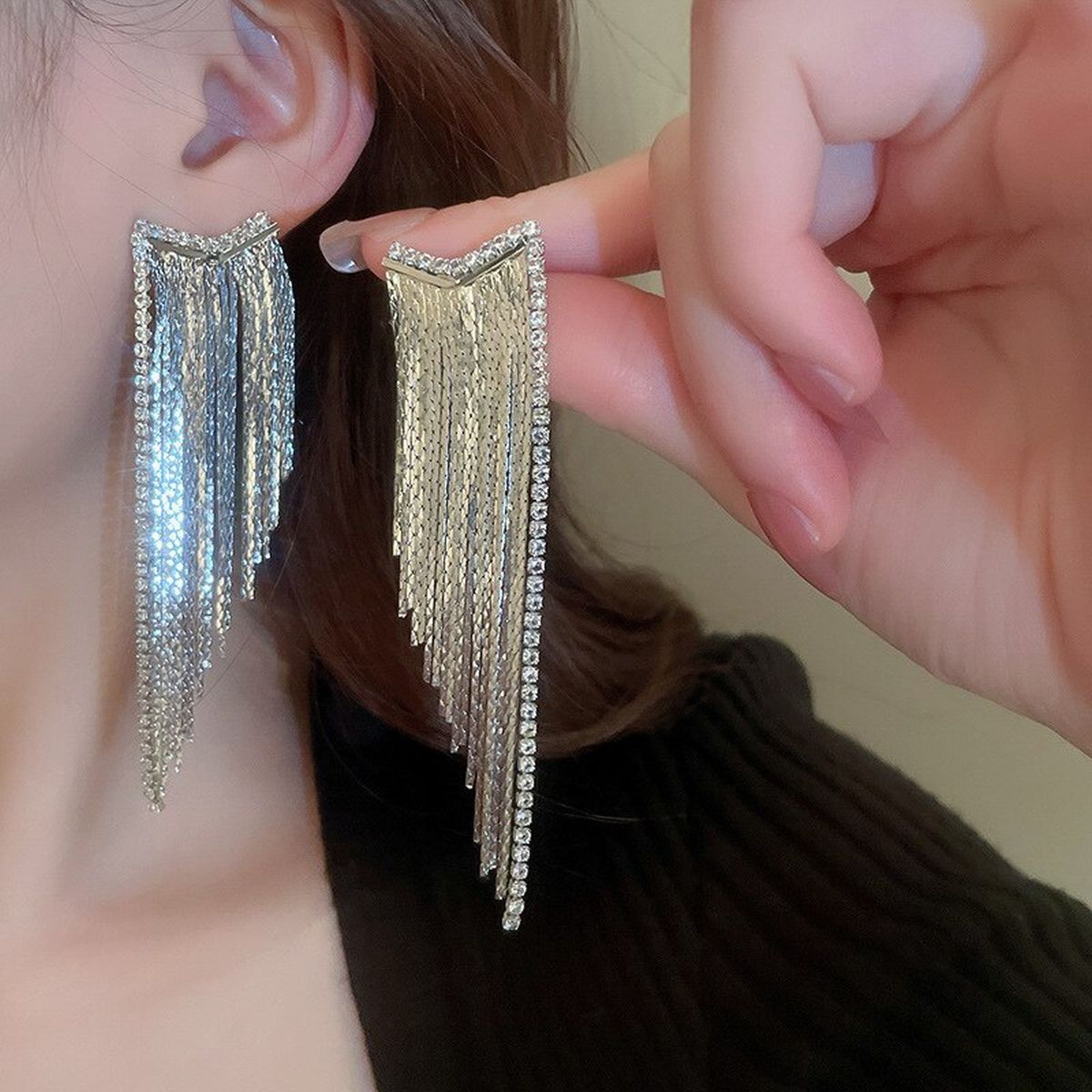 Glossy Silver Cubic Zirconia Long Dangling Chain Earring Women Bulk