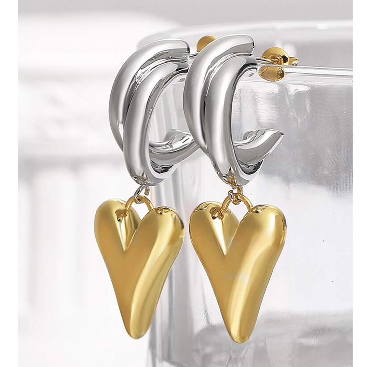 Love Heart Glossy Silver 18k Gold Dangling Hoop Earring for Women