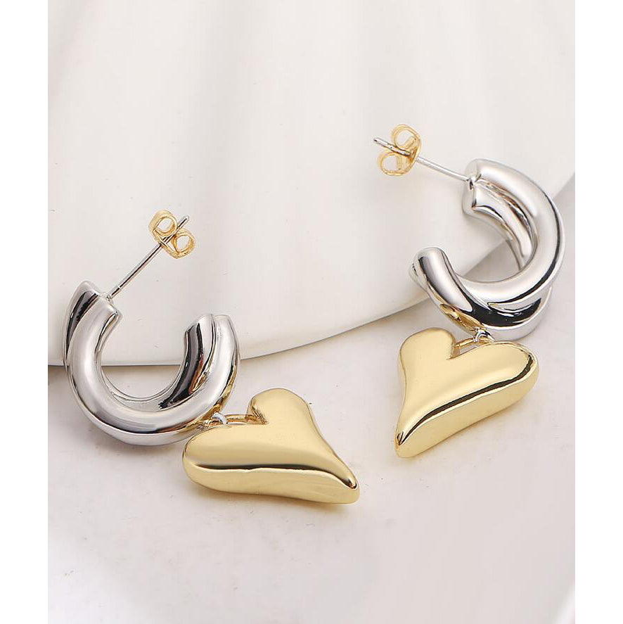 Love Heart Glossy Silver 18k Gold Dangling Hoop Earring for Women