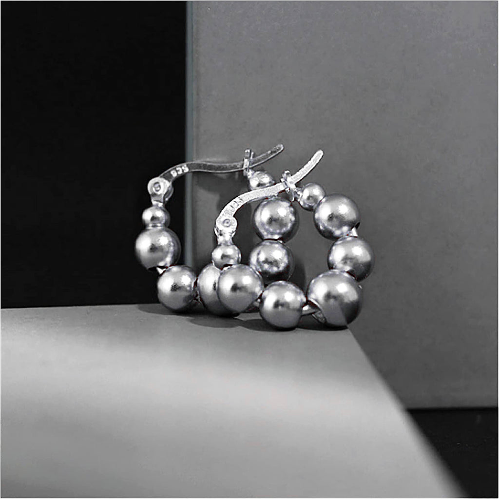 Glossy Balls Silver Anti Tarnish Hoop Bali Earrings Pair Women Bulk