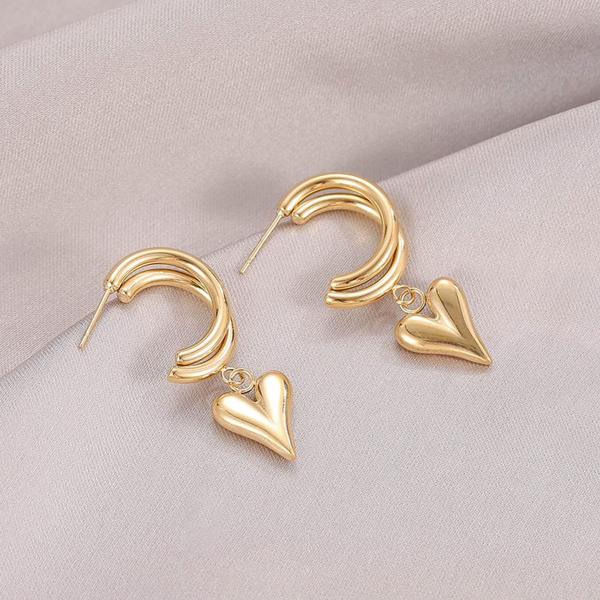 Love Heart Glossy Silver 18k Gold Dangling Hoop Earring for Women