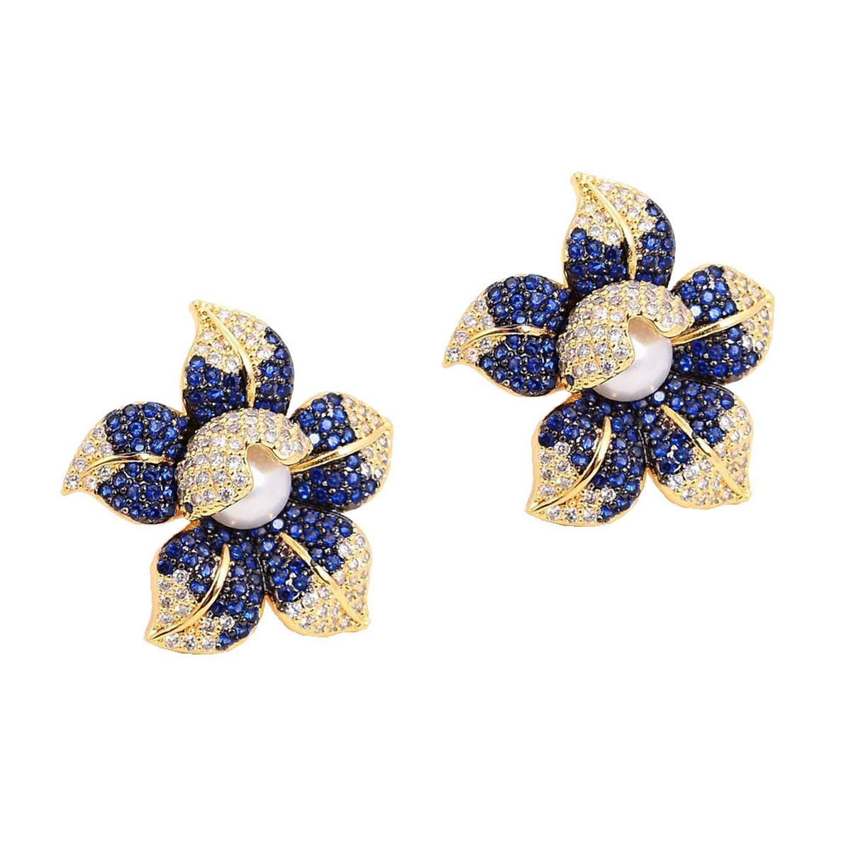 Flower Blue Cubic Zirconia Pearl 18K Gold Stud Earring For Women Bulk