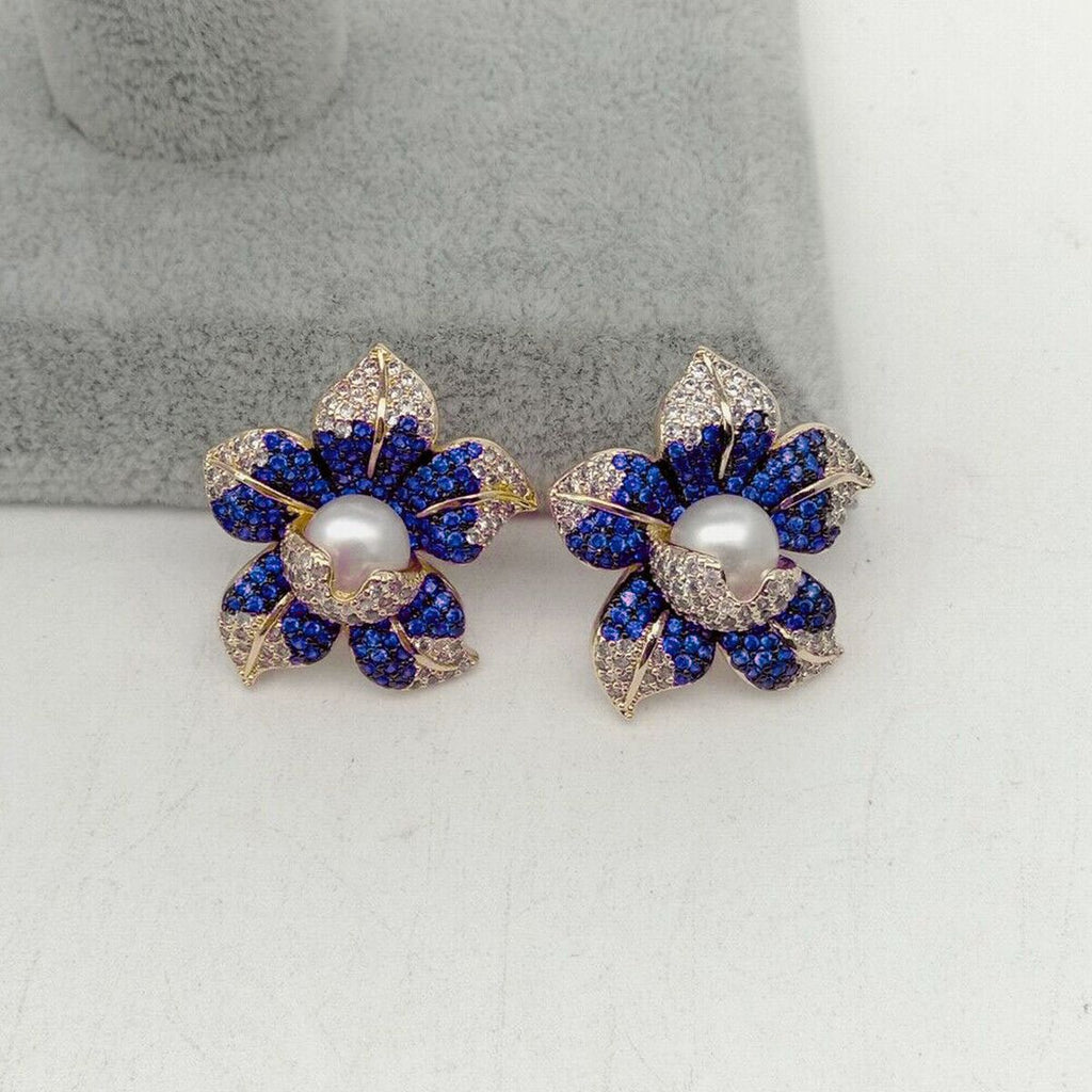Flower Blue Cubic Zirconia Pearl 18K Gold Stud Earring For Women Bulk