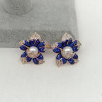 Flower Blue Cubic Zirconia Pearl 18K Gold Stud Earring For Women Bulk