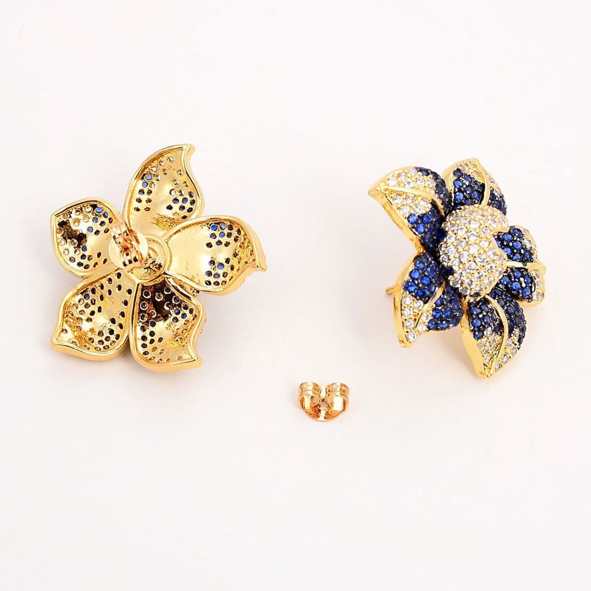 Flower Blue Cubic Zirconia Pearl 18K Gold Stud Earring For Women Bulk