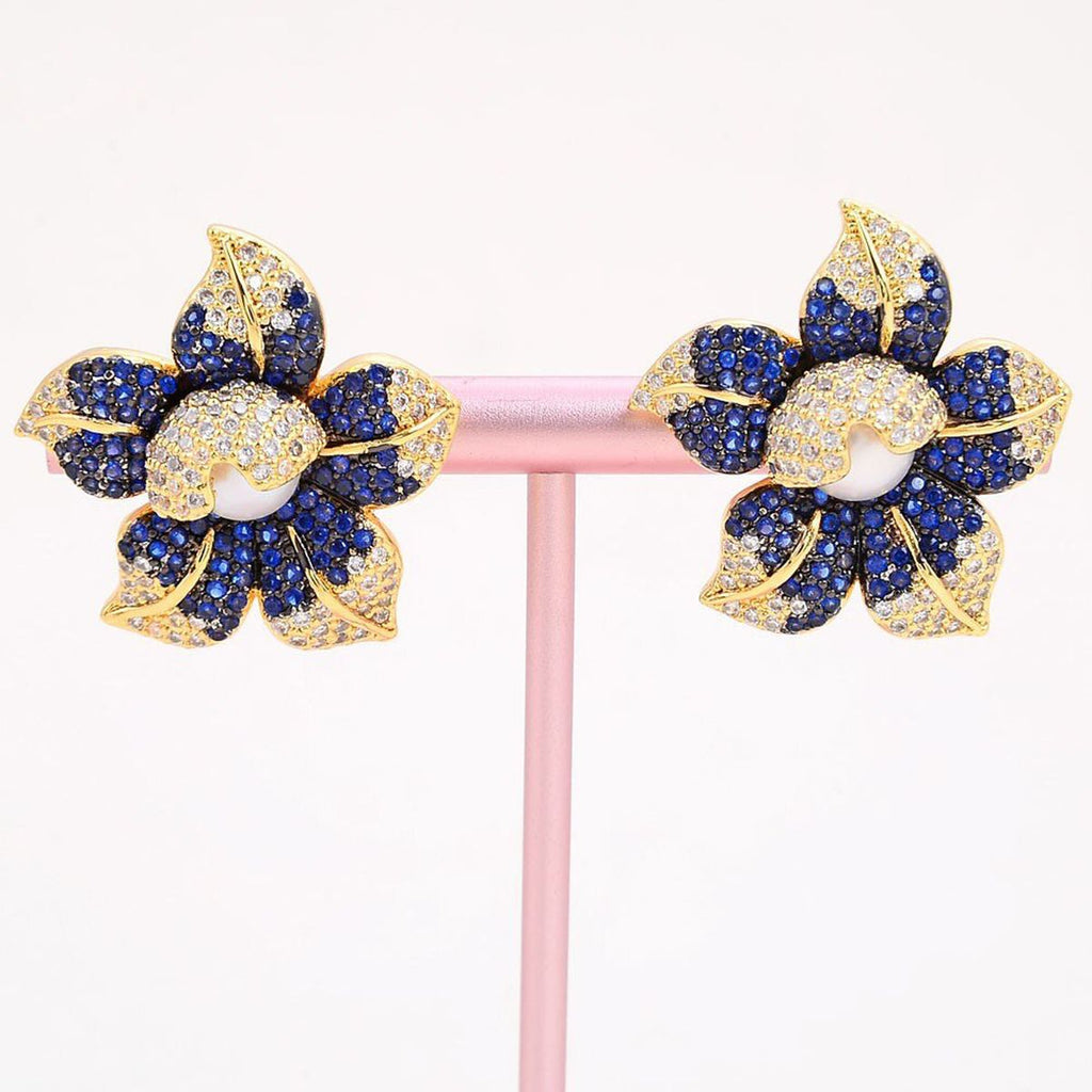 Flower Blue Cubic Zirconia Pearl 18K Gold Stud Earring For Women Bulk