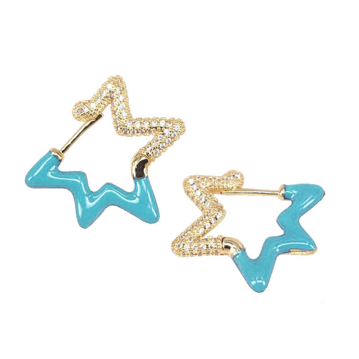 Light Blue Enamel Star Cubic Zirconia 18K Gold Hoop Earring Women Bulk