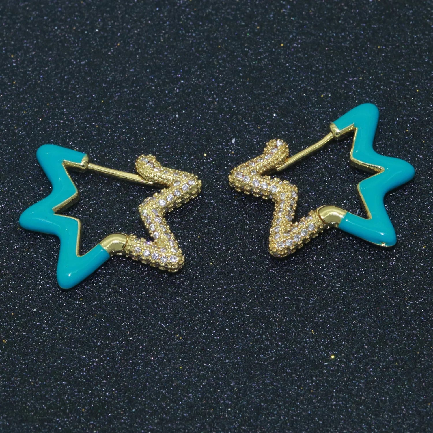 Light Blue Enamel Star Cubic Zirconia 18K Gold Hoop Earring Women Bulk