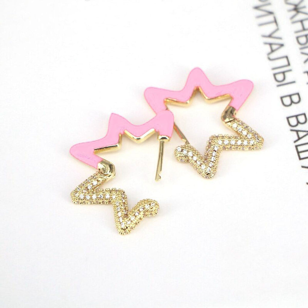 Light Blue Enamel Star Cubic Zirconia 18K Gold Hoop Earring Women Bulk