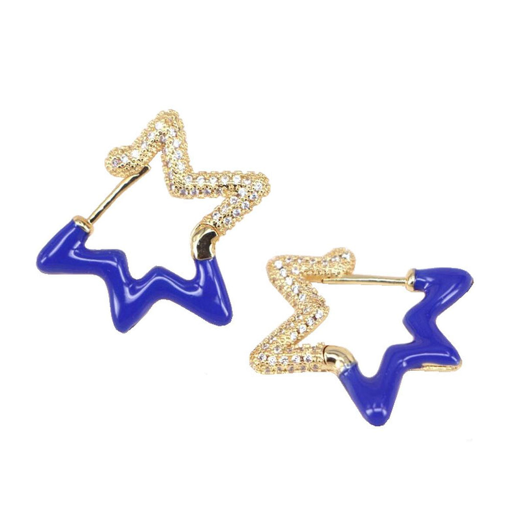Light Blue Enamel Star Cubic Zirconia 18K Gold Hoop Earring Women Bulk