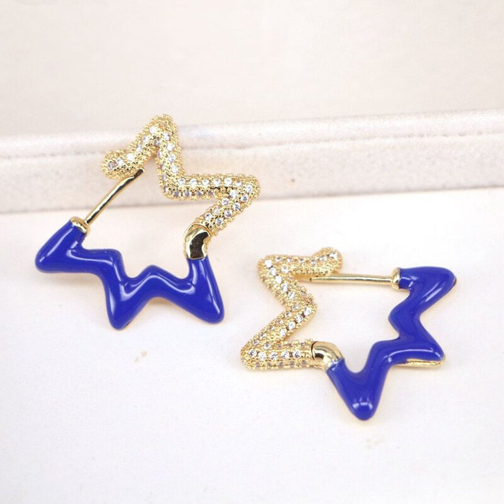 Light Blue Enamel Star Cubic Zirconia 18K Gold Hoop Earring Women Bulk