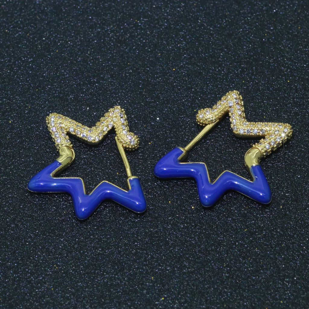Light Blue Enamel Star Cubic Zirconia 18K Gold Hoop Earring Women Bulk