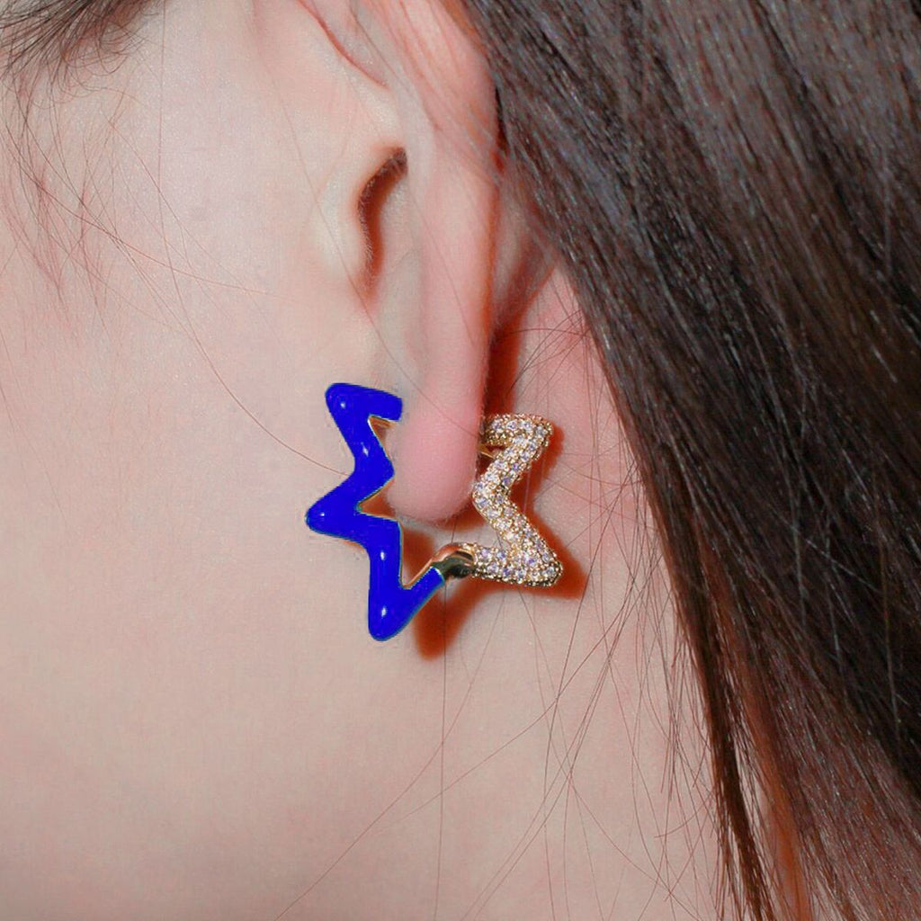 Light Blue Enamel Star Cubic Zirconia 18K Gold Hoop Earring Women Bulk