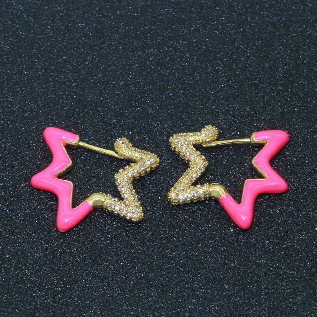 Light Blue Enamel Star Cubic Zirconia 18K Gold Hoop Earring Women Bulk