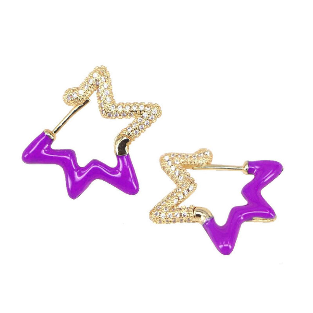 Light Blue Enamel Star Cubic Zirconia 18K Gold Hoop Earring Women Bulk