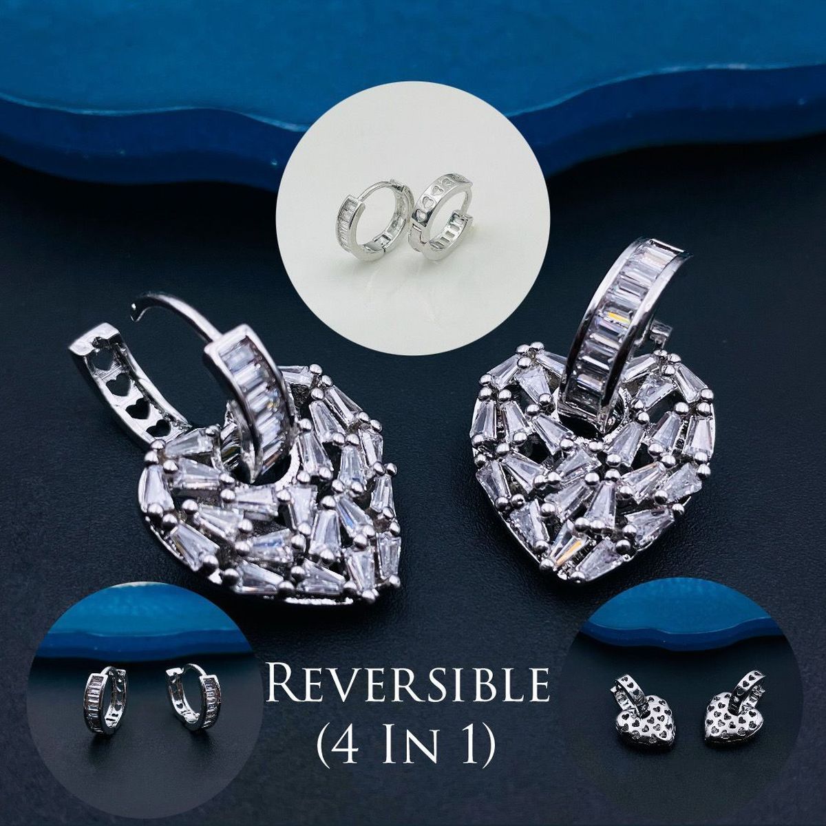 Love Heart Silver Baguette Cubic Zirconia Hoop Drop Earring Pair Bulk