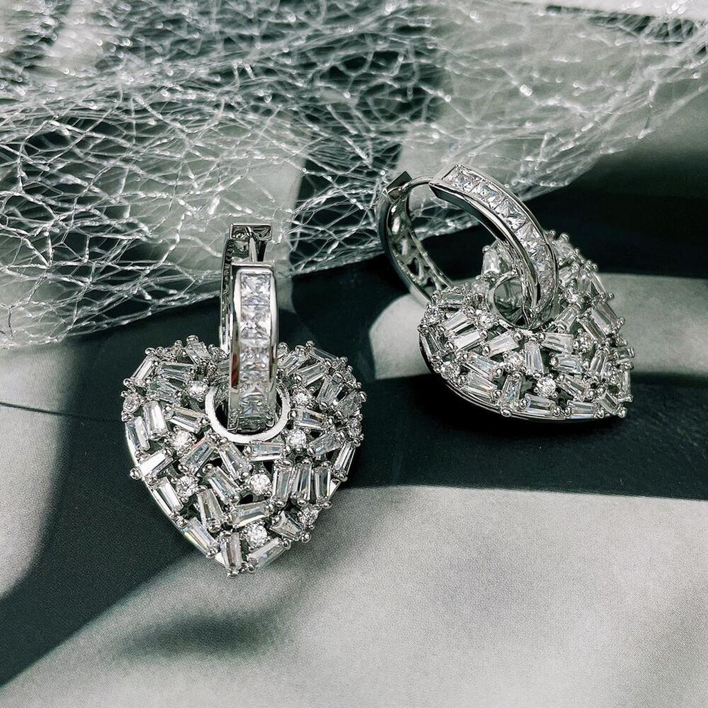 Love Heart Silver Baguette Cubic Zirconia Hoop Drop Earring Pair Bulk