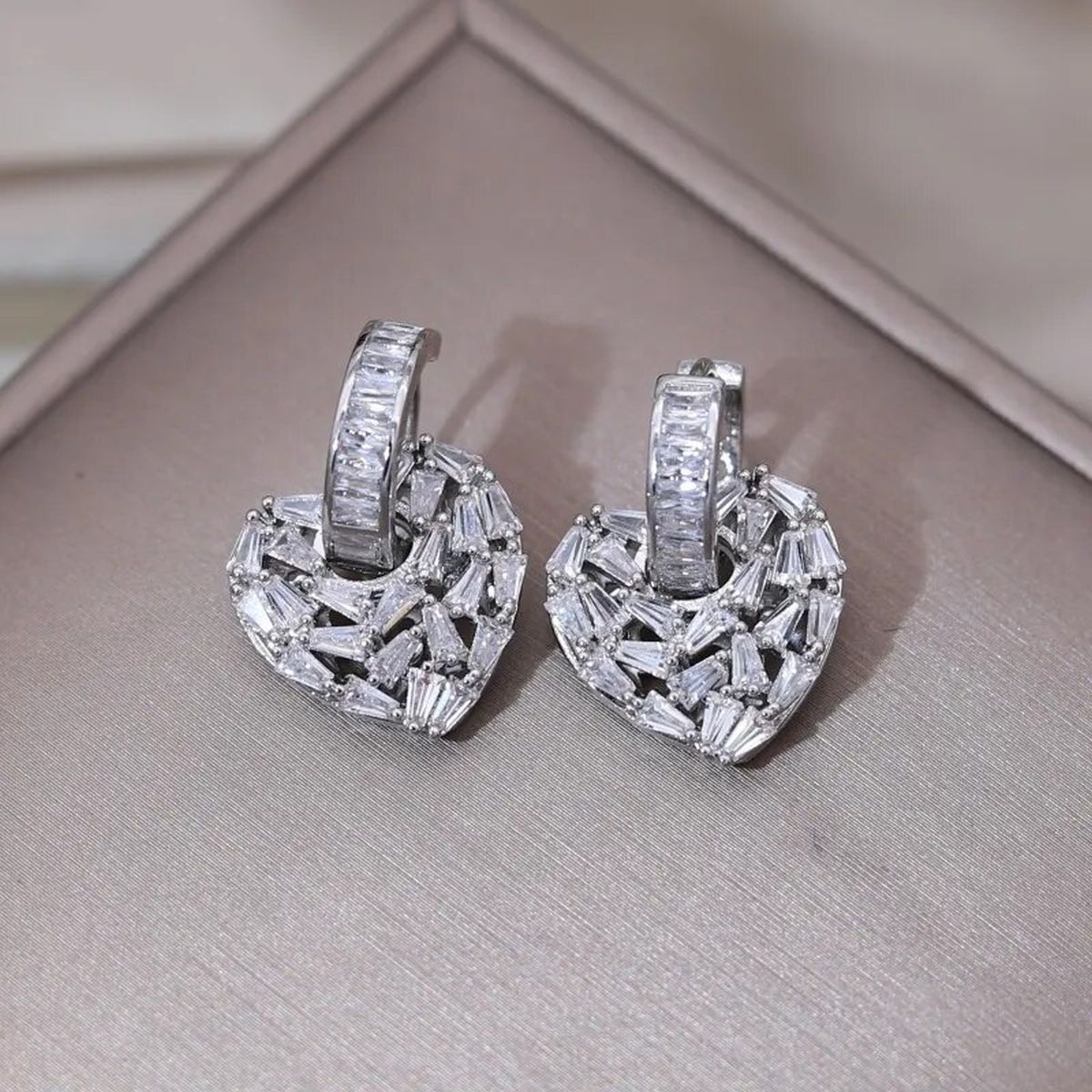 Love Heart Silver Baguette Cubic Zirconia Hoop Drop Earring Pair Bulk