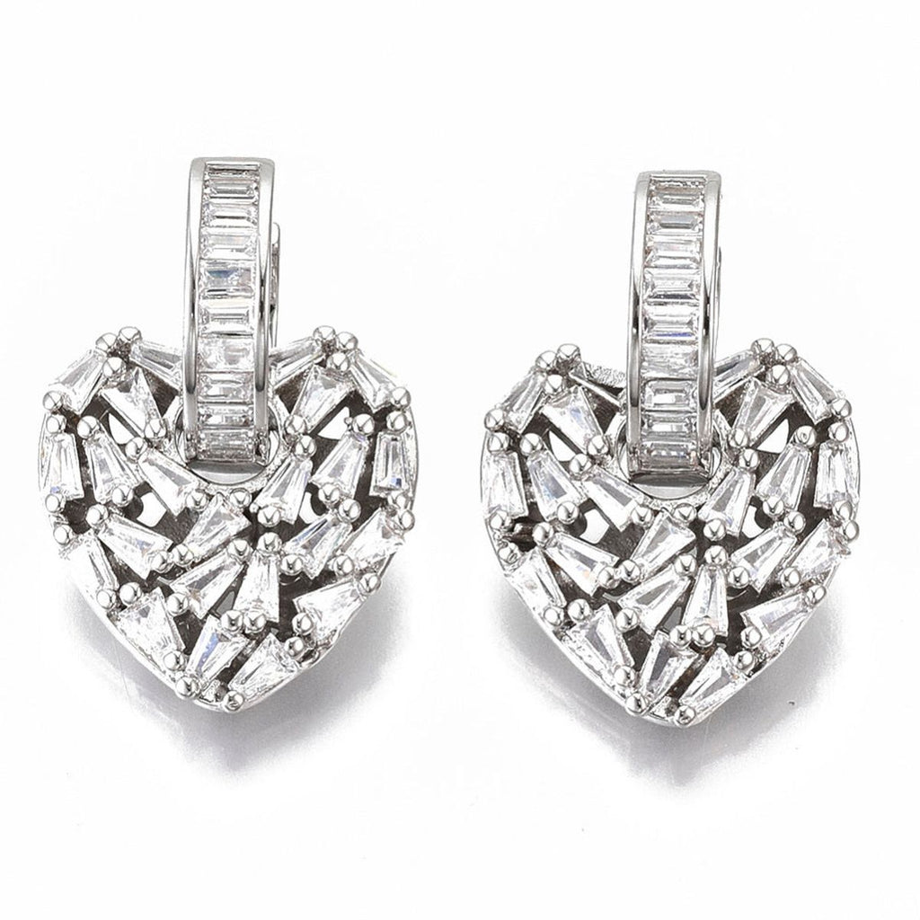 Love Heart Silver Baguette Cubic Zirconia Hoop Drop Earring Pair Bulk