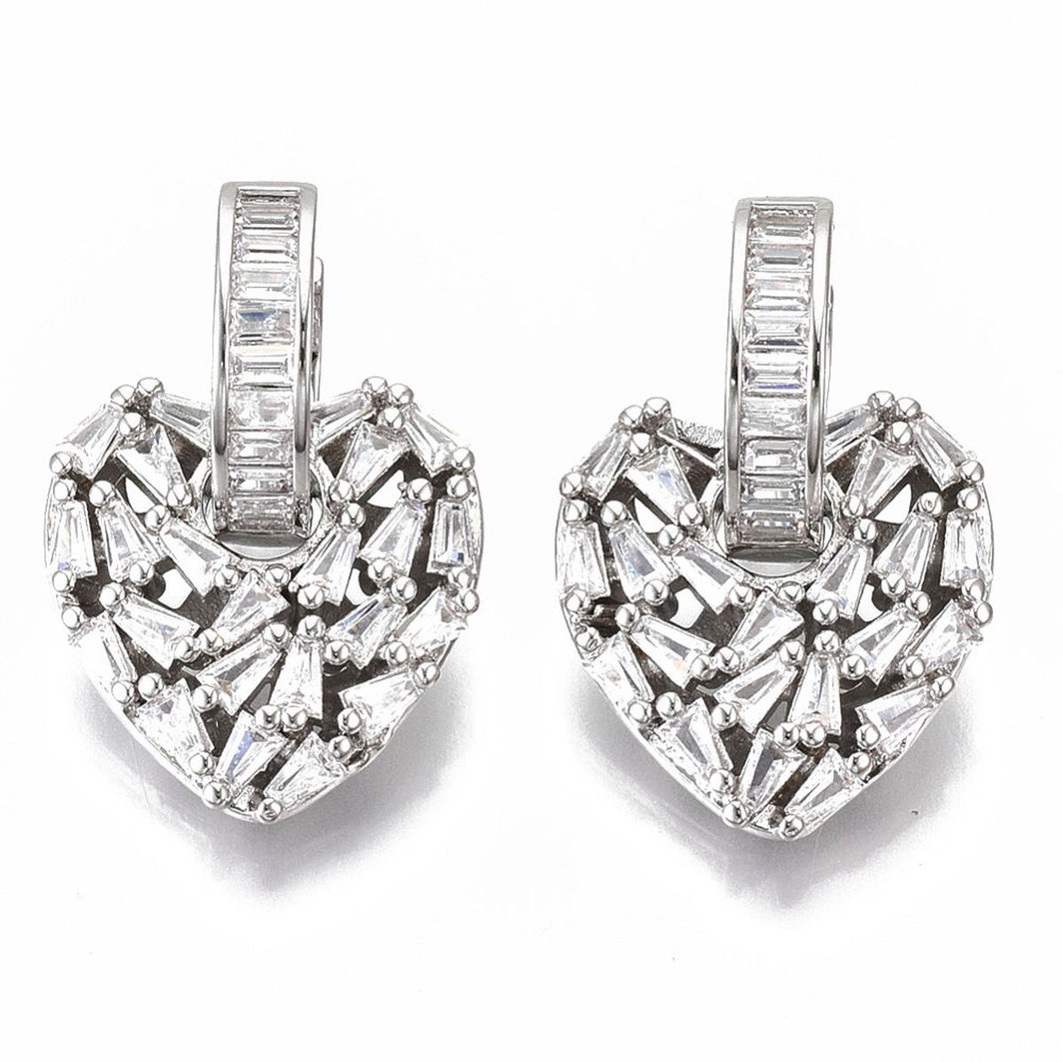 Love Heart Silver Baguette Cubic Zirconia Hoop Drop Earring Pair Bulk