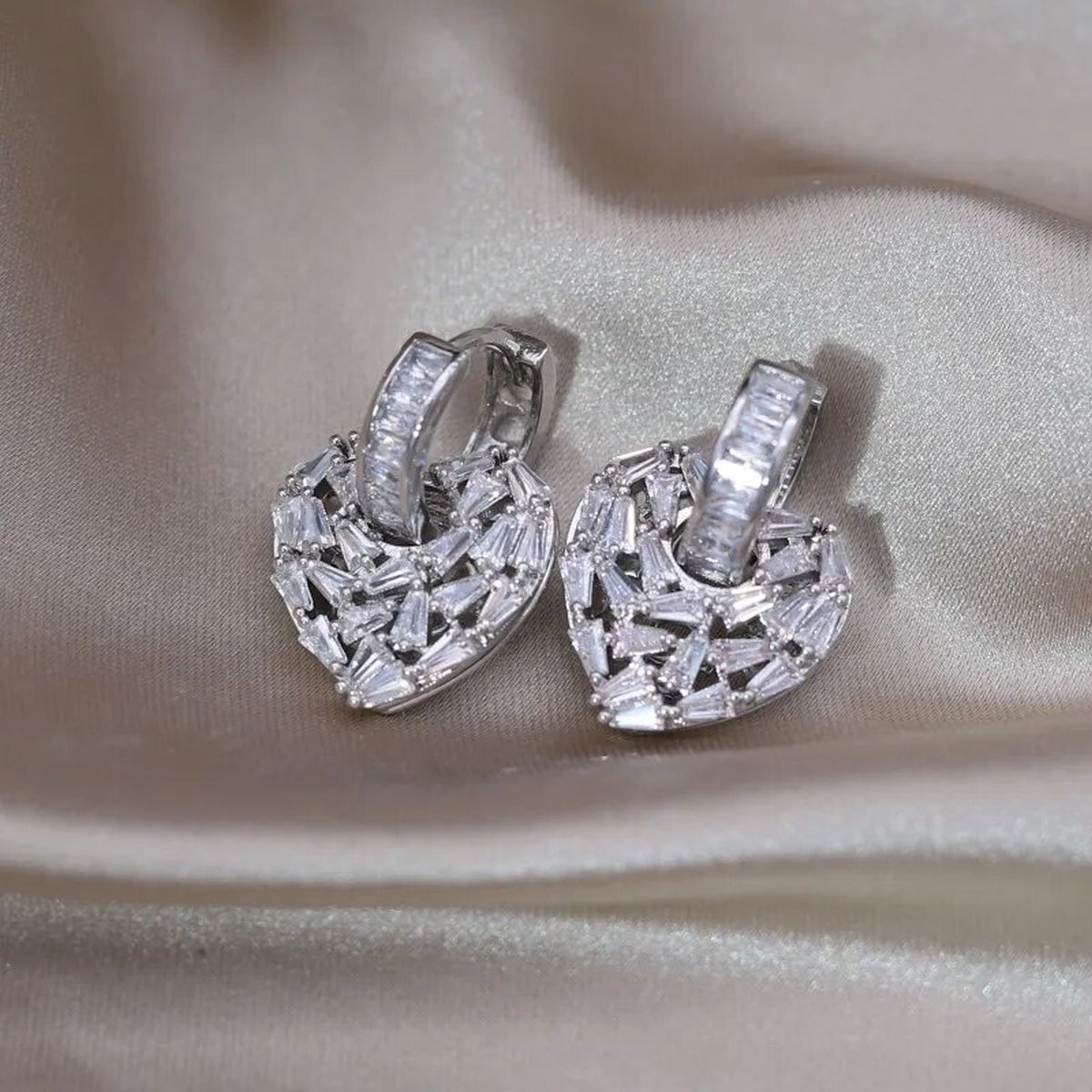 Love Heart Silver Baguette Cubic Zirconia Hoop Drop Earring Pair Bulk