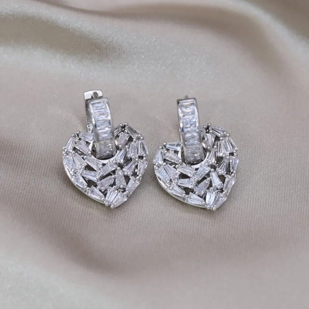 Love Heart Silver Baguette Cubic Zirconia Hoop Drop Earring Pair Bulk