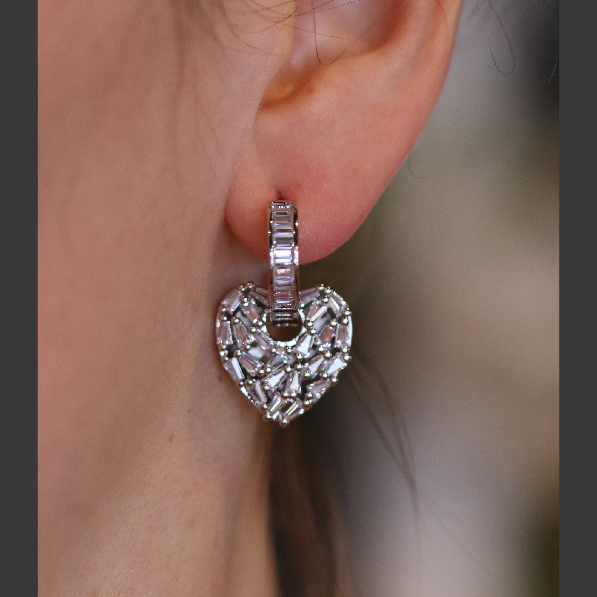 Love Heart Silver Baguette Cubic Zirconia Hoop Drop Earring Pair Bulk