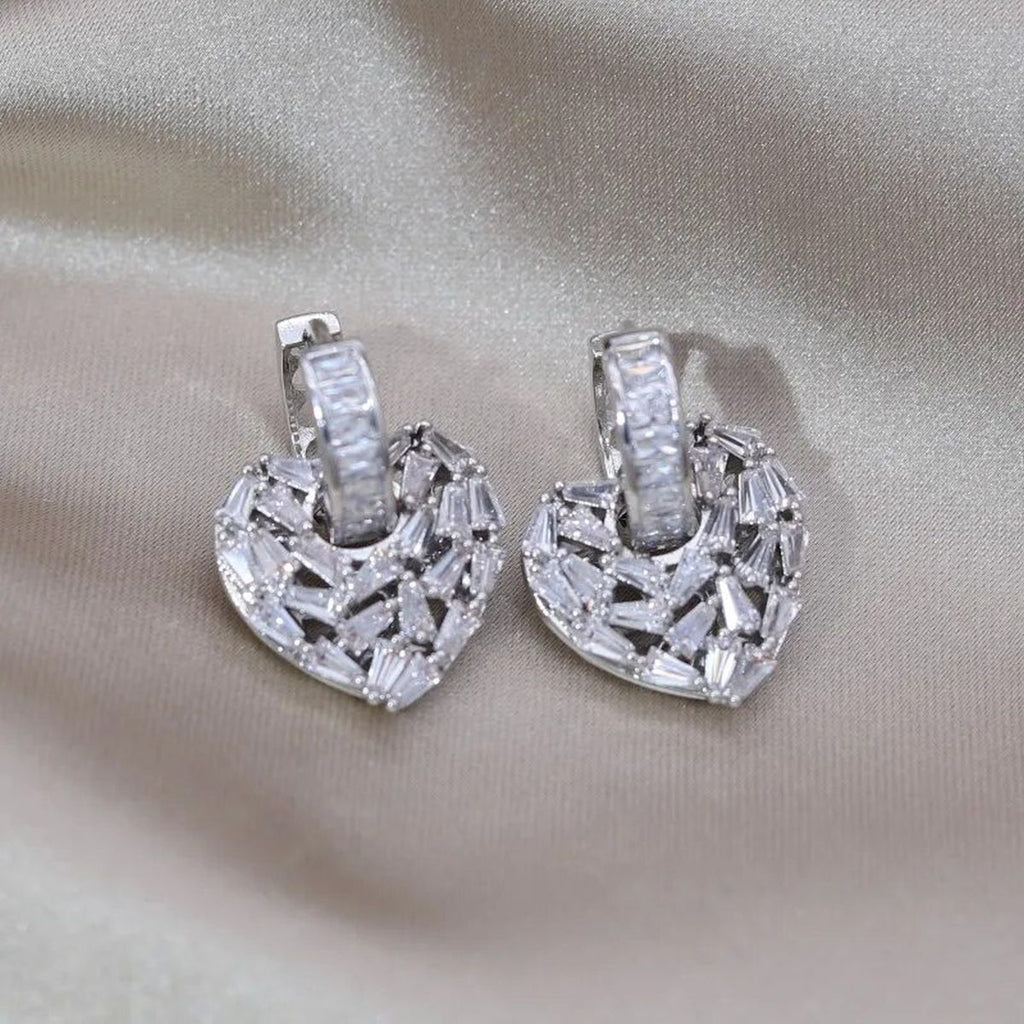 Love Heart Silver Baguette Cubic Zirconia Hoop Drop Earring Pair Bulk