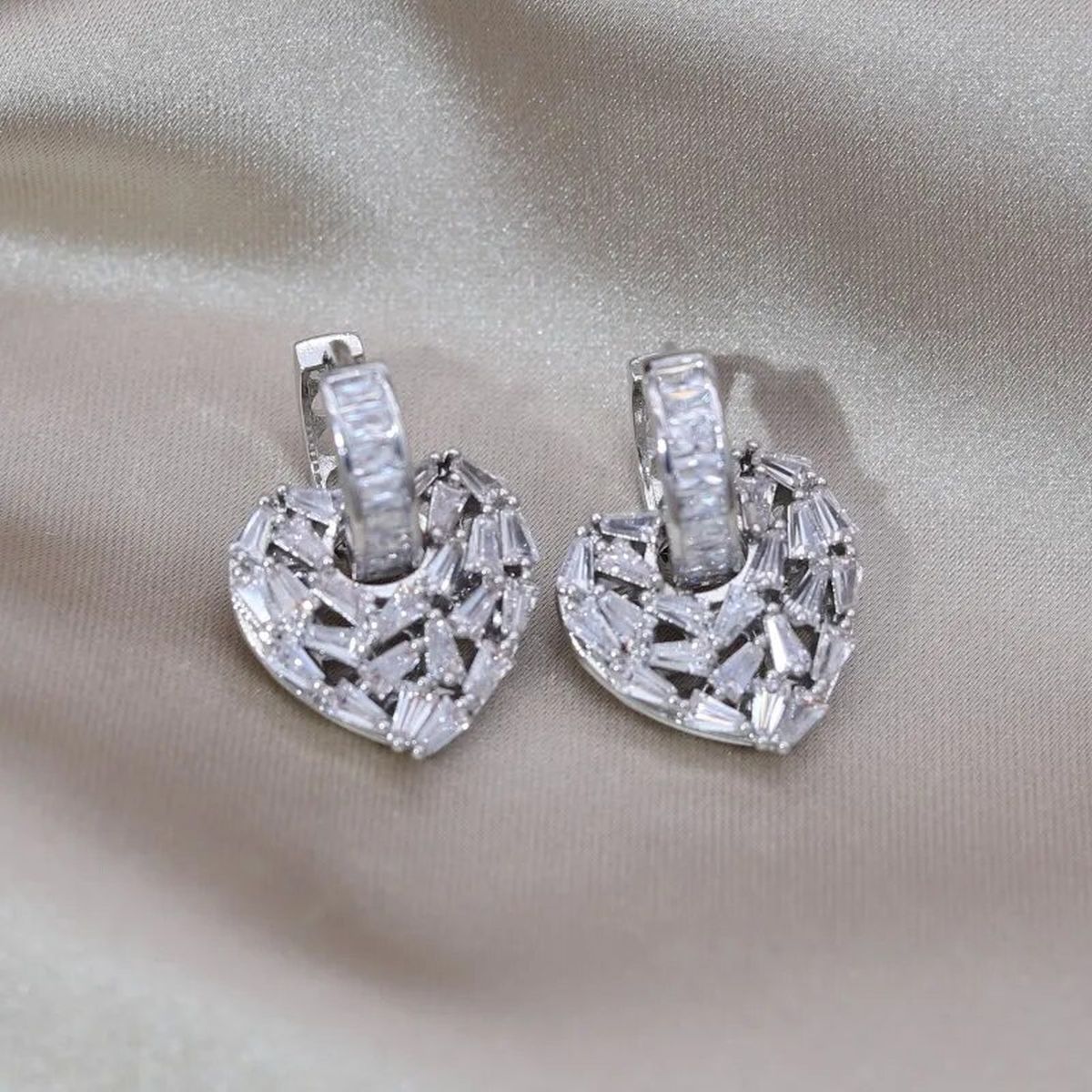 Love Heart Silver Baguette Cubic Zirconia Hoop Drop Earring Pair Bulk
