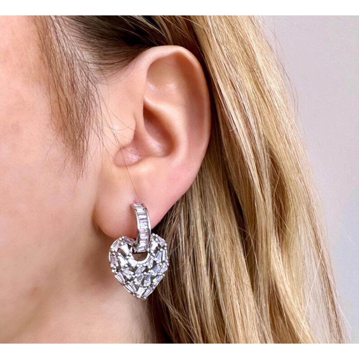 Love Heart Silver Baguette Cubic Zirconia Hoop Drop Earring Pair Bulk