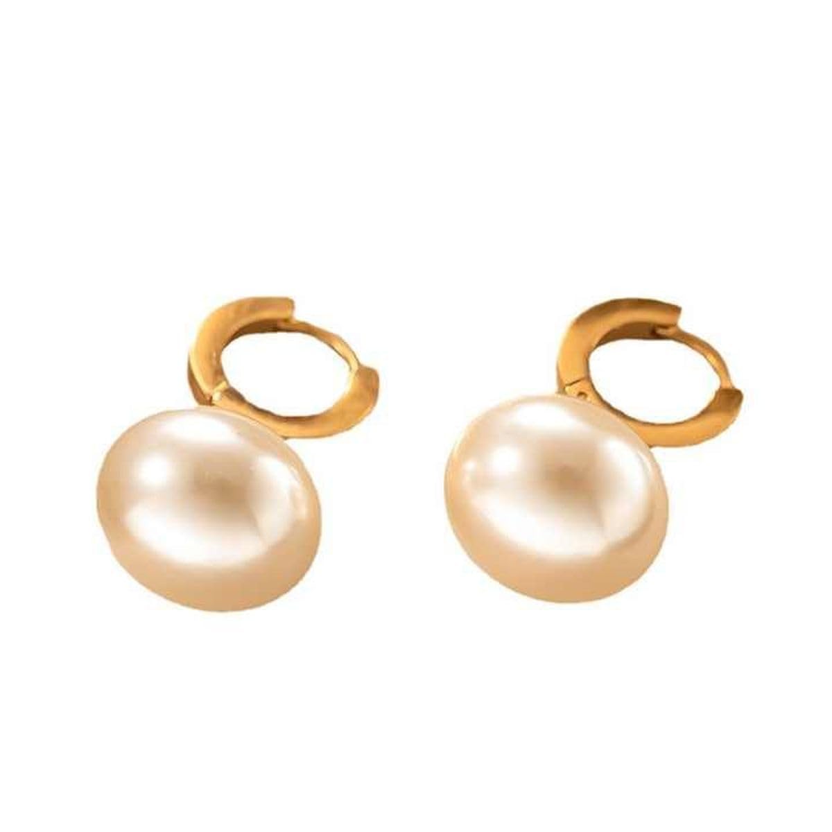 Baby Pink Button Pearl 18K Gold Drop Hoop Bali Earring For Women Bulk