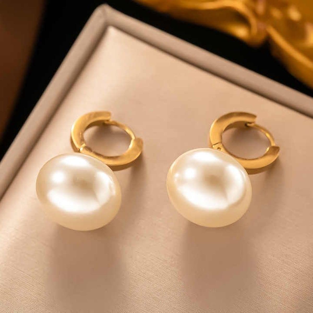 Baby Pink Button Pearl 18K Gold Drop Hoop Bali Earring For Women Bulk Main image