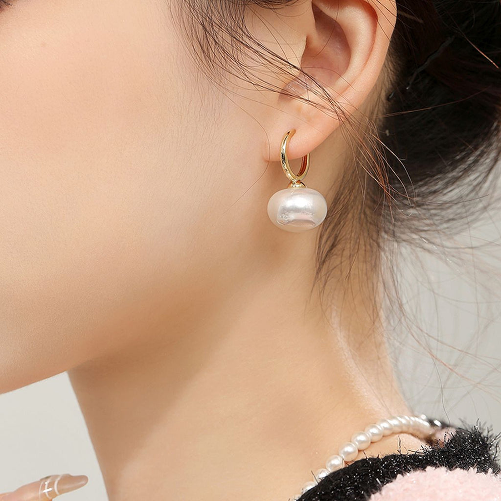 Baby Pink Button Pearl 18K Gold Drop Hoop Bali Earring For Women Bulk