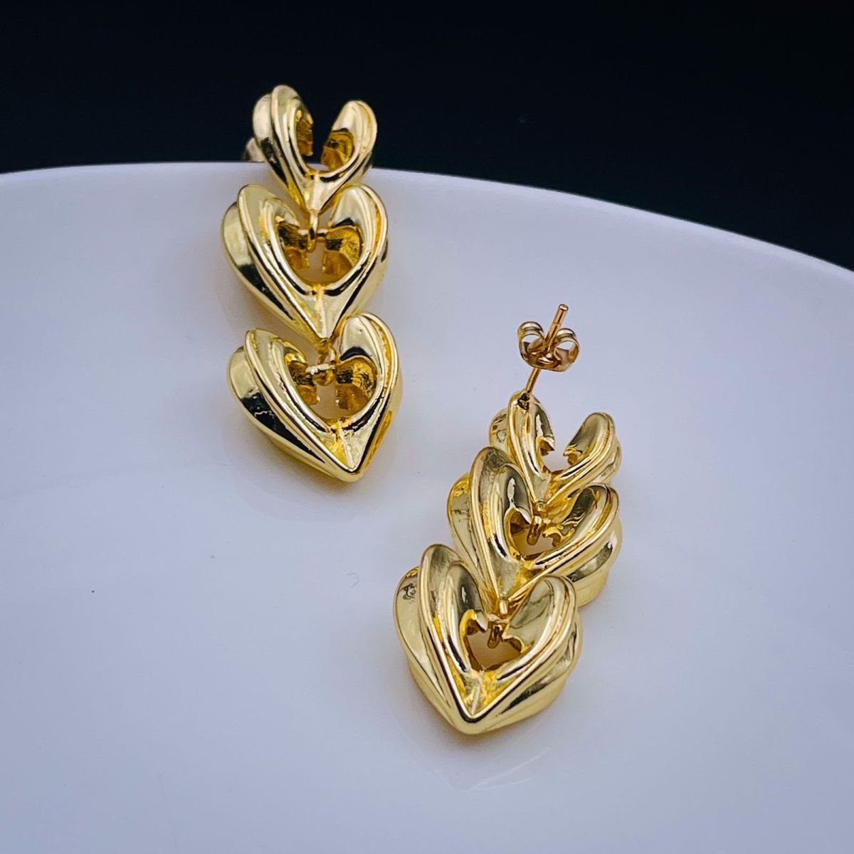 Triple Heart Love Copper Glossy 18K Gold Dangler Drop Earring Bulk Main image