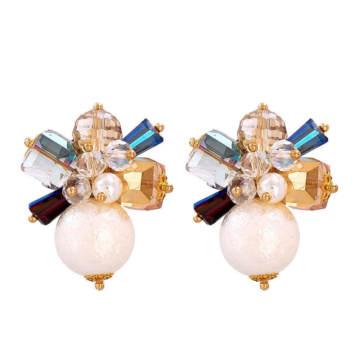 Floral Crystal Beads Pearl Copper Multicolor Gold Stud Earring Bulk