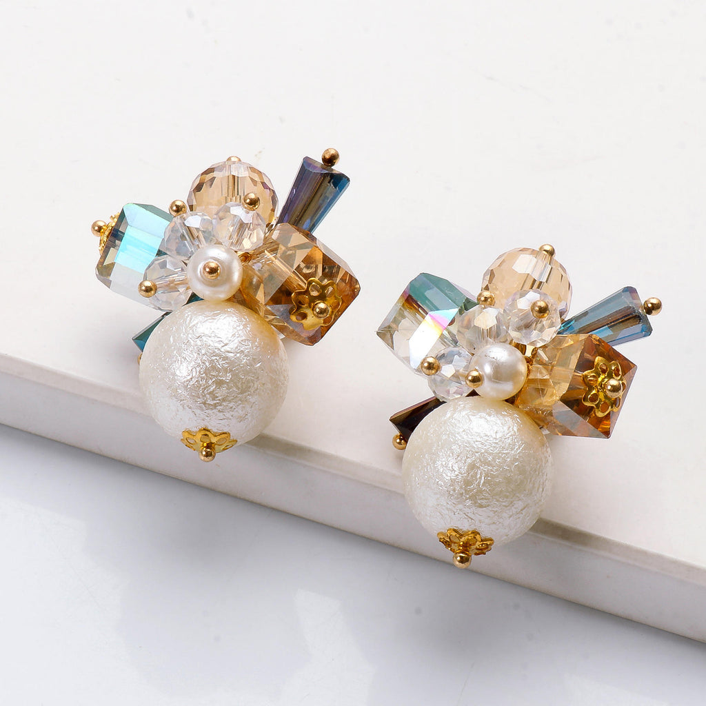 Floral Crystal Beads Pearl Copper Multicolor Gold Stud Earring Bulk