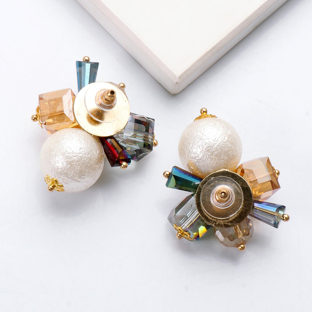 Floral Crystal Beads Pearl Copper Multicolor Gold Stud Earring Bulk