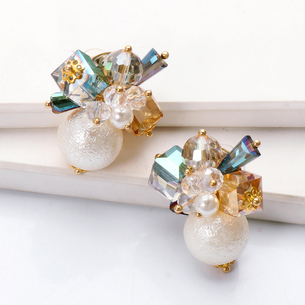 Floral Crystal Beads Pearl Copper Multicolor Gold Stud Earring Bulk