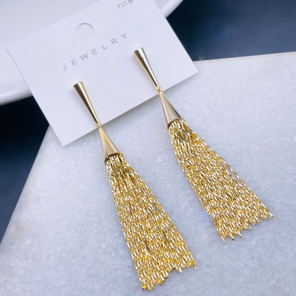 Long Chain Glossy Copper 18K Gold Dangling Tassel Earring Women Bulk